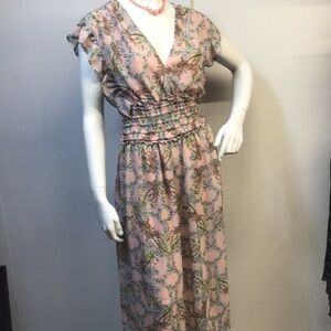 Pink Floral Smocked Waist Maxi Dress frilly and feminine with blue & green